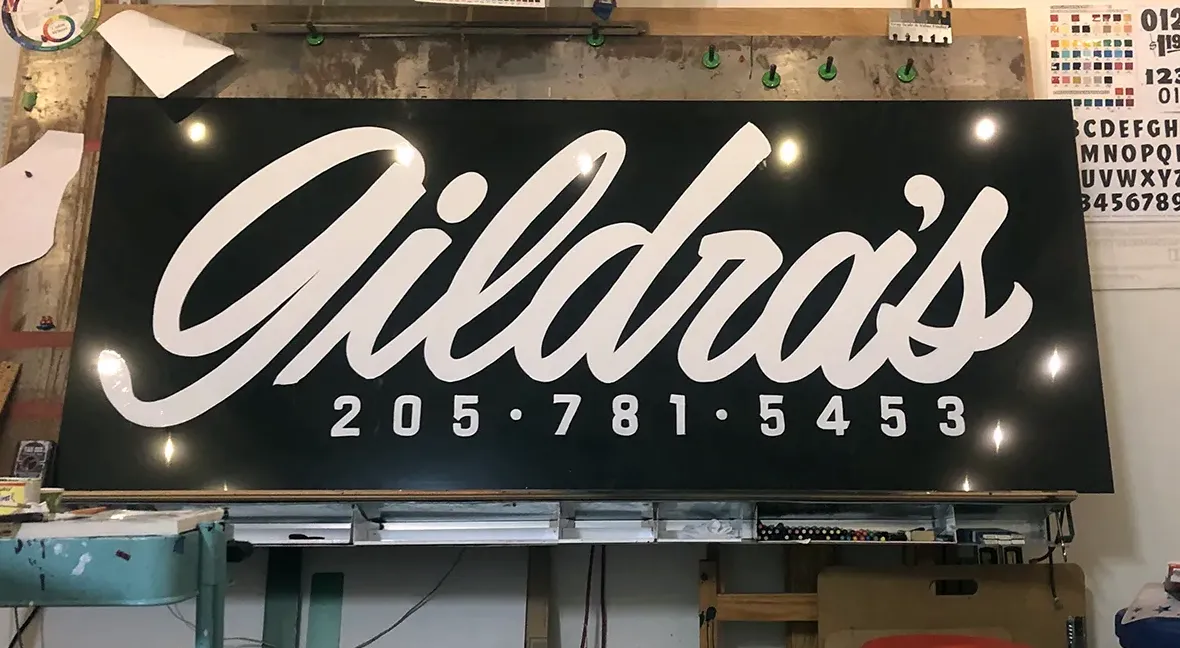 panel sign - custom script in white - hand painted - Tuscaloosa Alabama