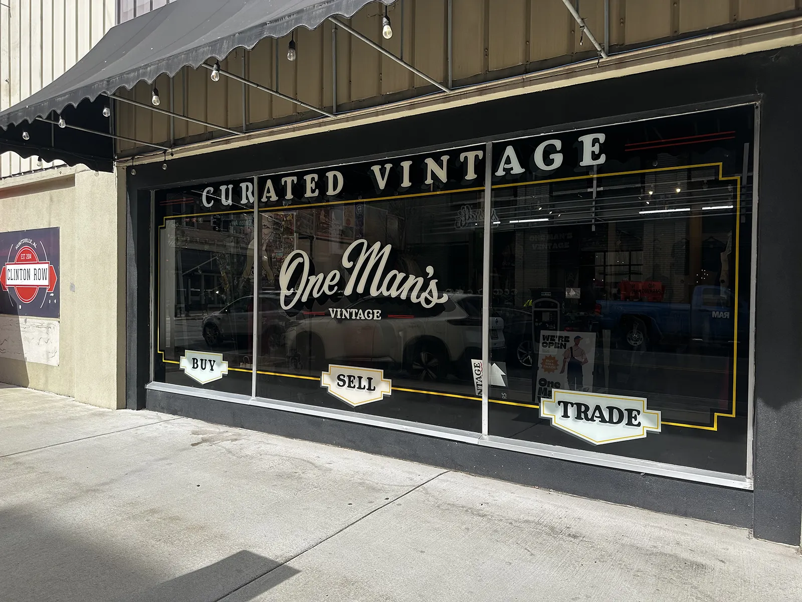 storefront design - window sign - custom script lettering with custom type for panels - Huntsville Alabama - Clinton Ave.